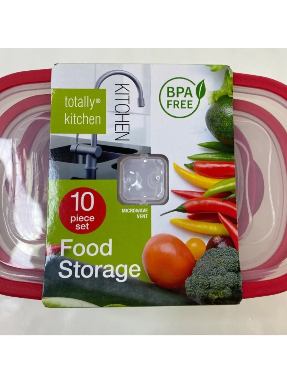 Totally Kitchen 10-Piece Food Storage Red Lids Microwave Freezer Dishwasher Safe